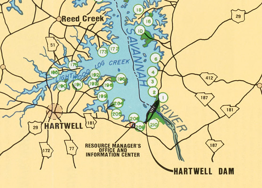 1978 Map of Hartwell Lake Georgia and South Carolina