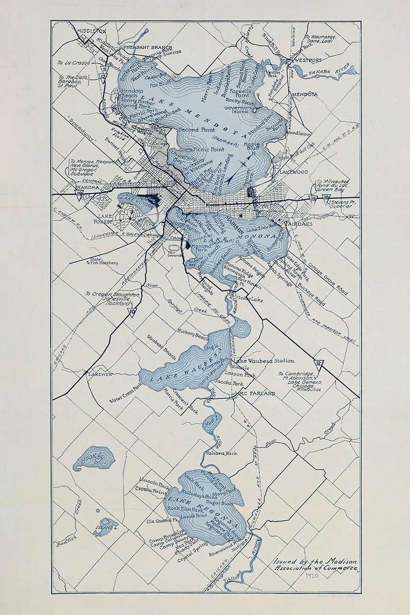 1920 Map of The Four Lake City Wisconsin Lake Mendota Lake Monona