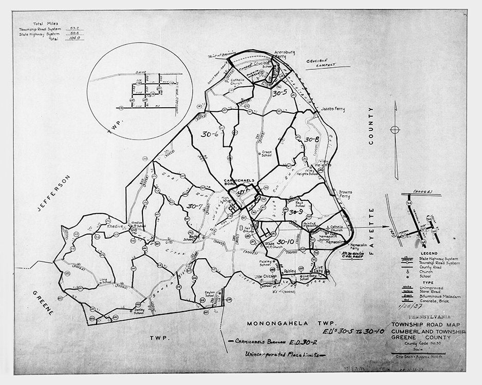 1937 Map of Cumberland Township Greene County Pennsylvania Carmichaels