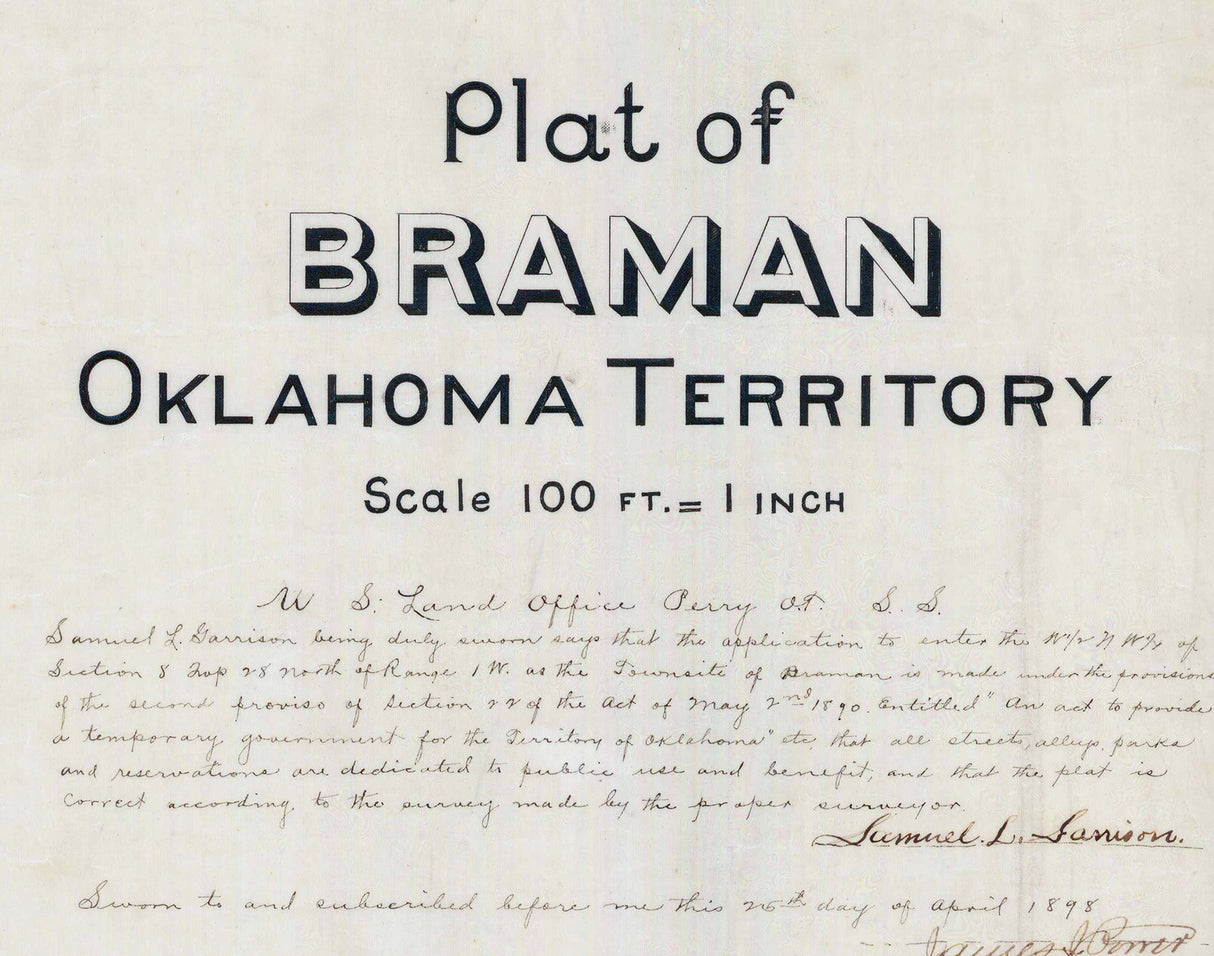 1898 Town Map of Braman Kay County Oklahoma