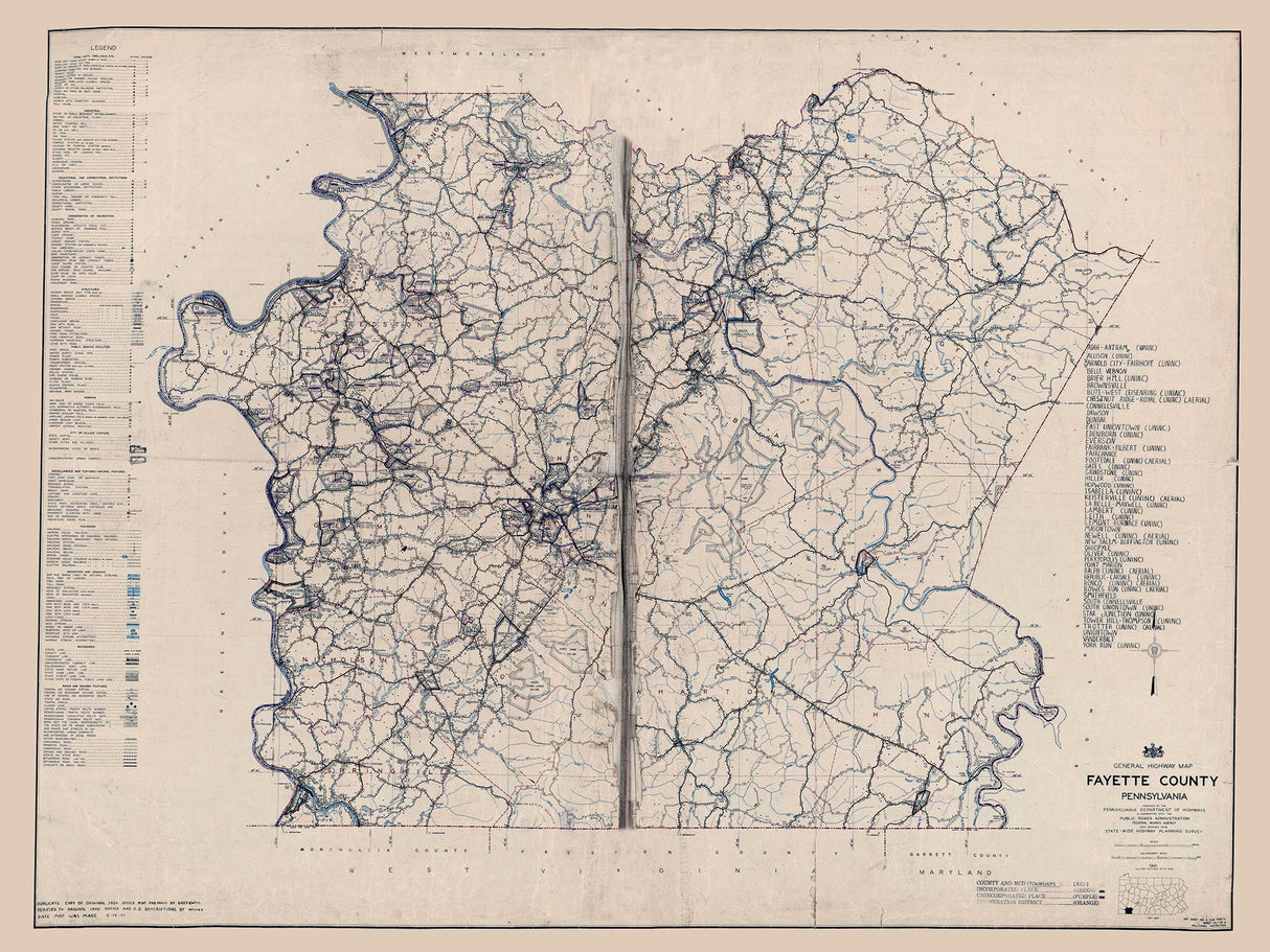 1941 Map of Fayette County Pennsylvania