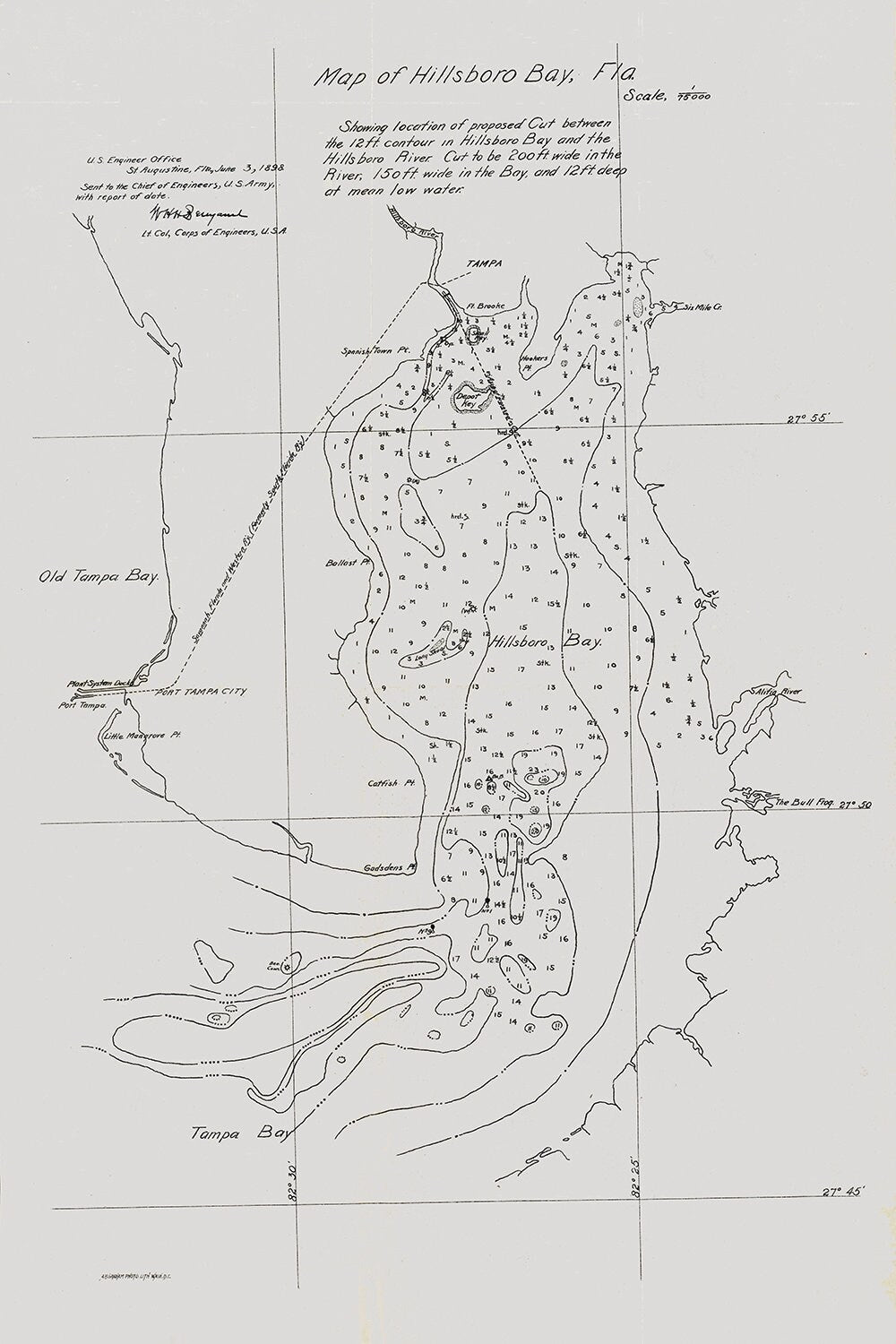 1898 Map of Hillsboro Bay Florida Tampa Bay