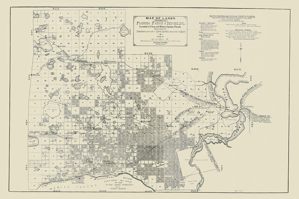 1915 Map of Part of Clay and Putnam County Florida Farms and Homes Saint Johns River