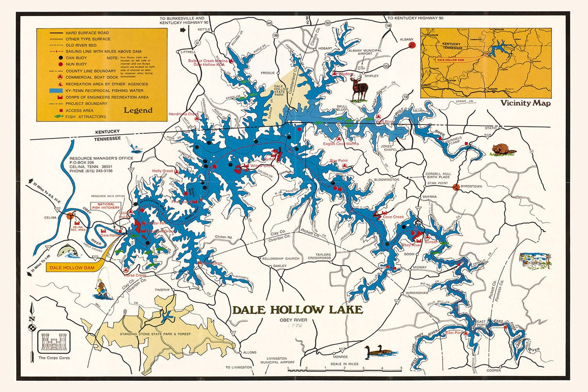 1976 Map of Dale Hollow Lake Tennessee and Kentucky