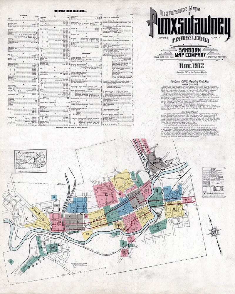 1912 Town Map of Punxsutawney Jefferson County Pennsylvania