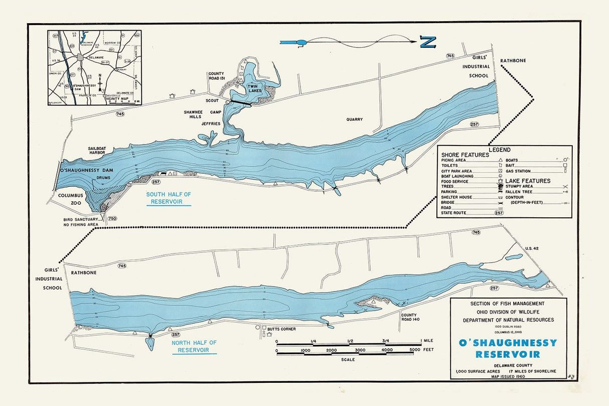 1960 Map of O Shaughnessy Reservoir Delaware County Ohio