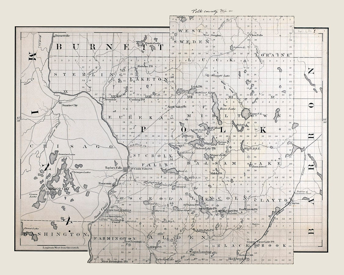 1880 Map of Polk County Wisconsin