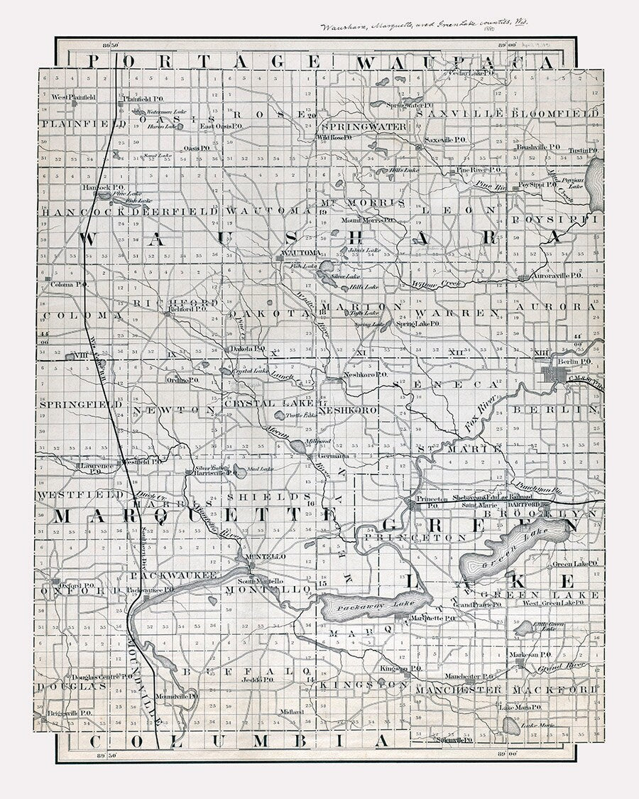 1880 Map of Waushara Marquette and Green Lake County Wisconsin