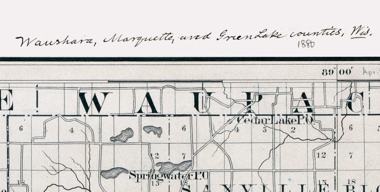 1880 Map of Waushara Marquette and Green Lake County Wisconsin