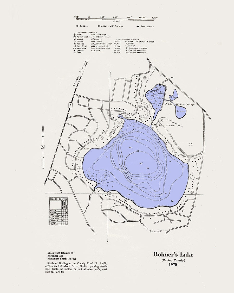 1970 Map of Bohners Lake Racine County Wisconsin