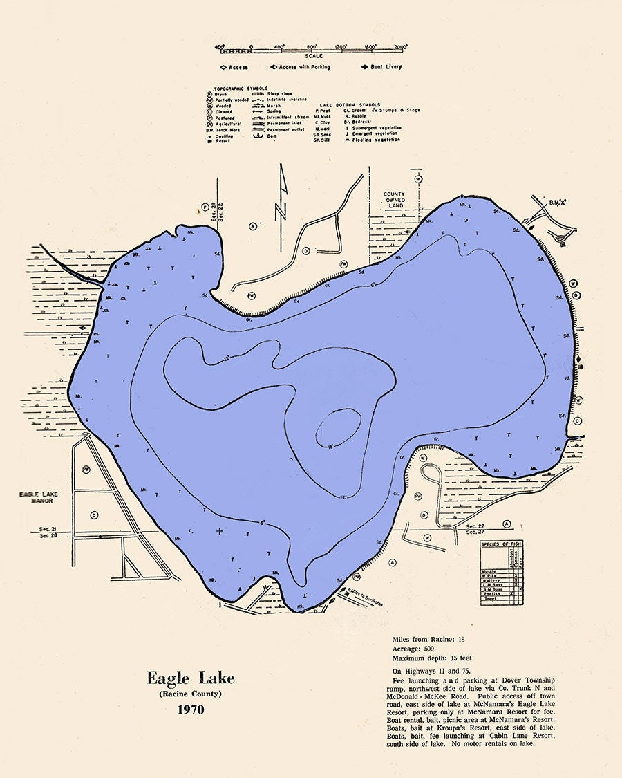 1970 Map of Eagle Lake Racine County Wisconsin