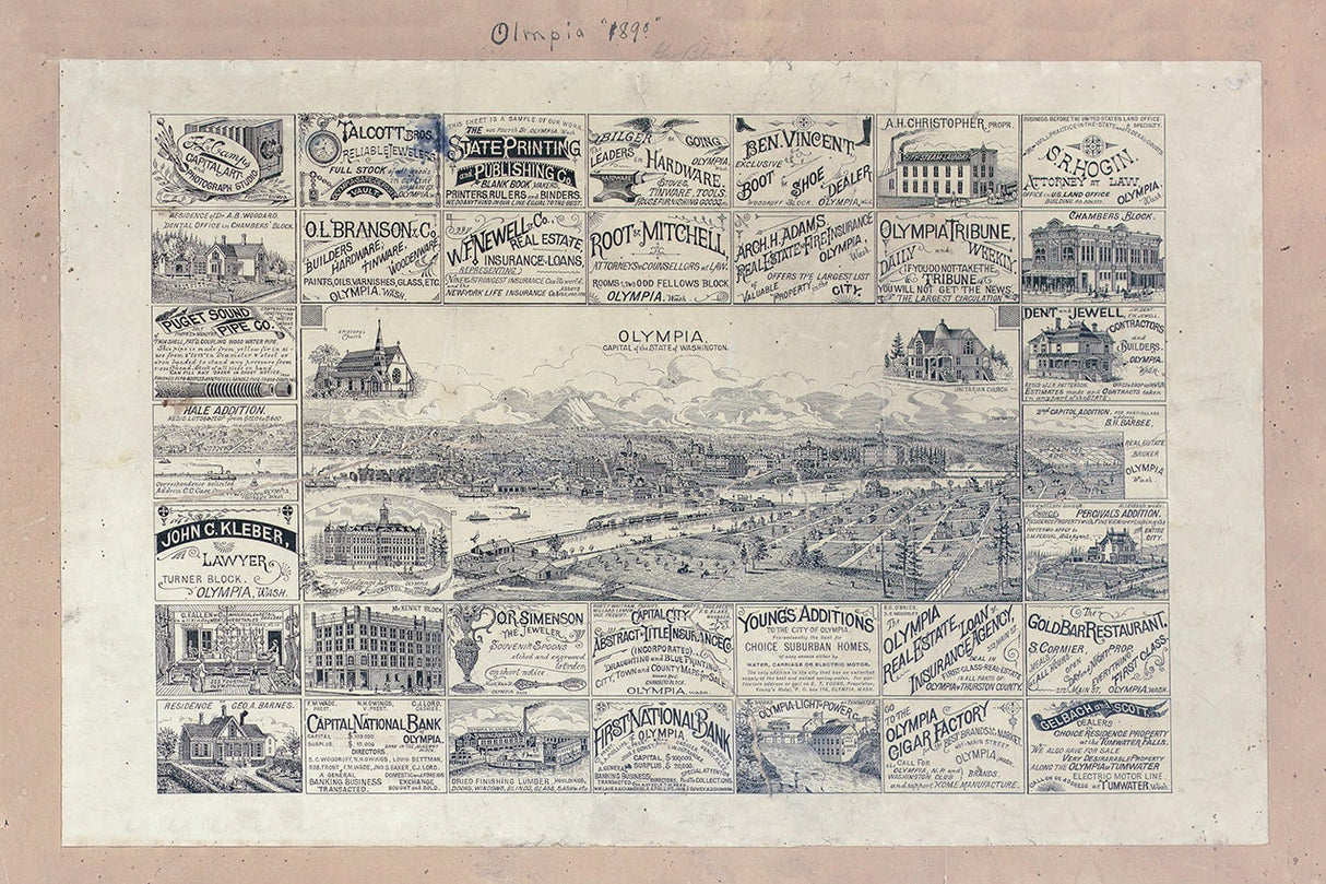 1890 Panoramic Map of Olympia Washington