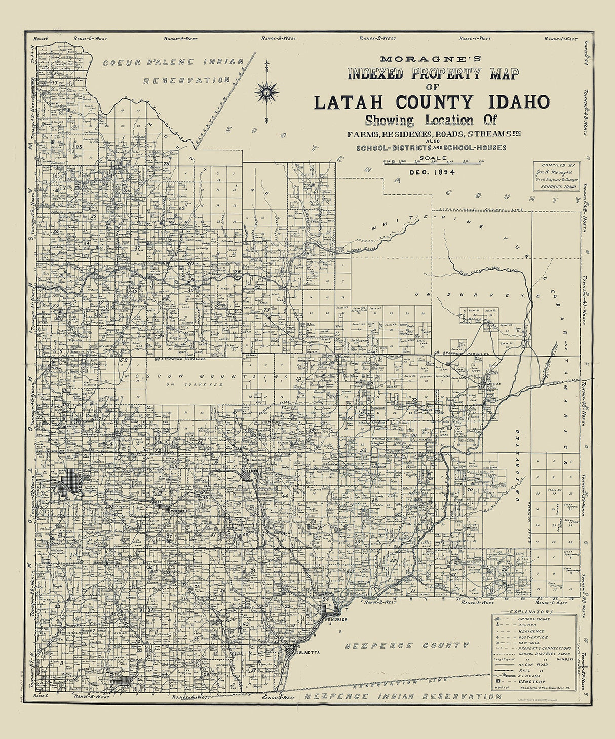 1894 Farm Line Map of Latah County Idaho