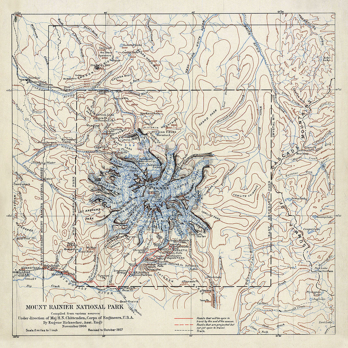 1907 Map of Mount Rainier National Park Washington