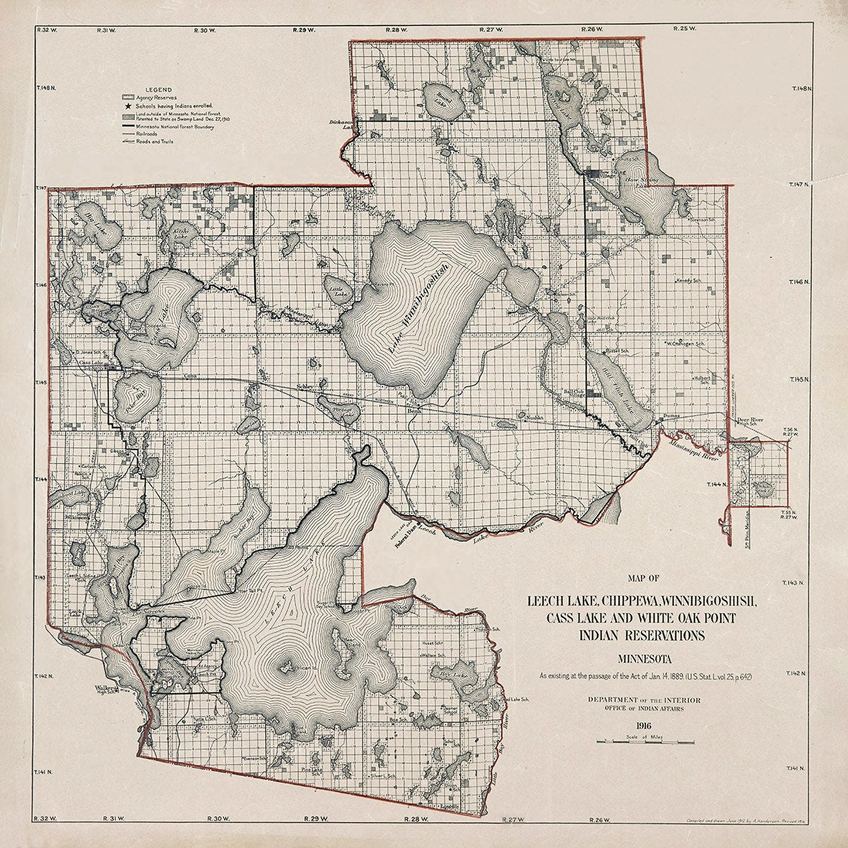 1916 Map of Leech Lake Chippewa Winnibigoshish Cass Lake and White Oak Point Reservations Minnesota