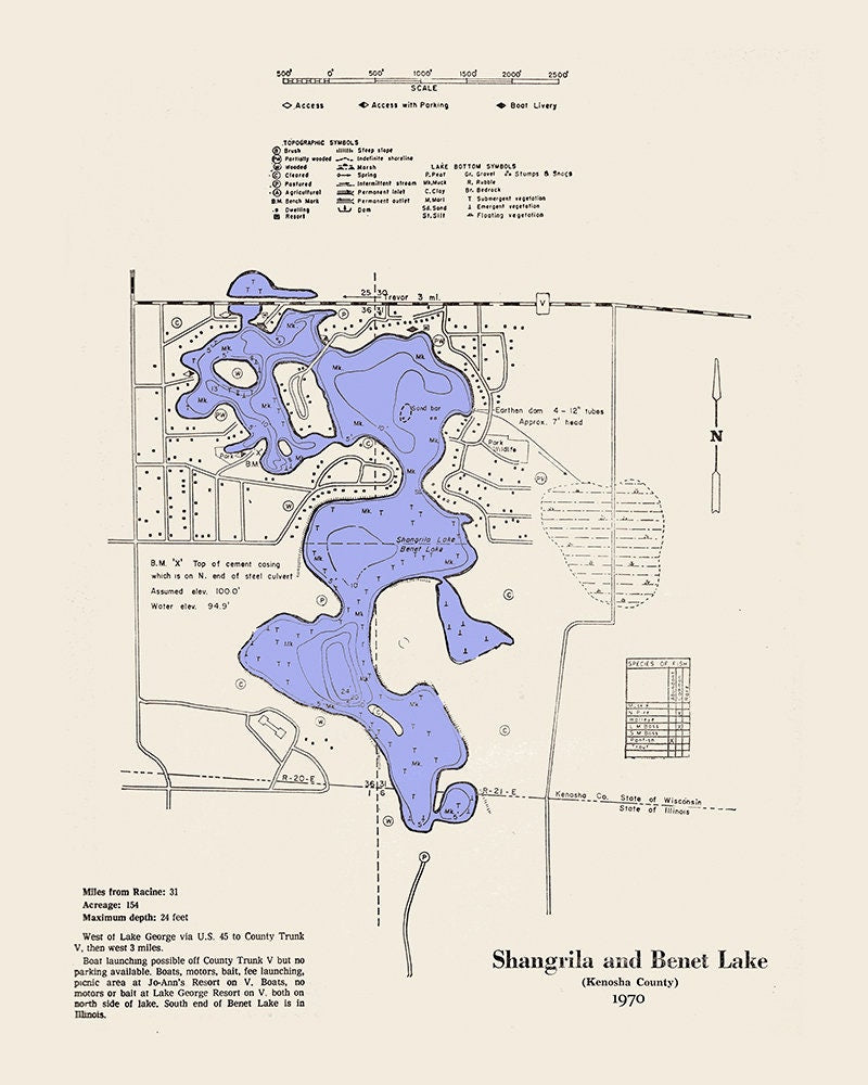 1970 Map of Shangrila and Benet Lake Kenosha County Wisconsin