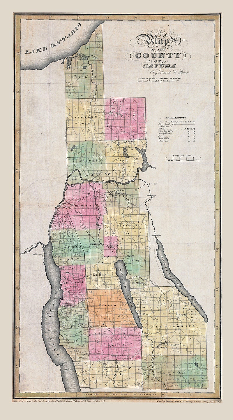 1829 Map of Cayuga County New York