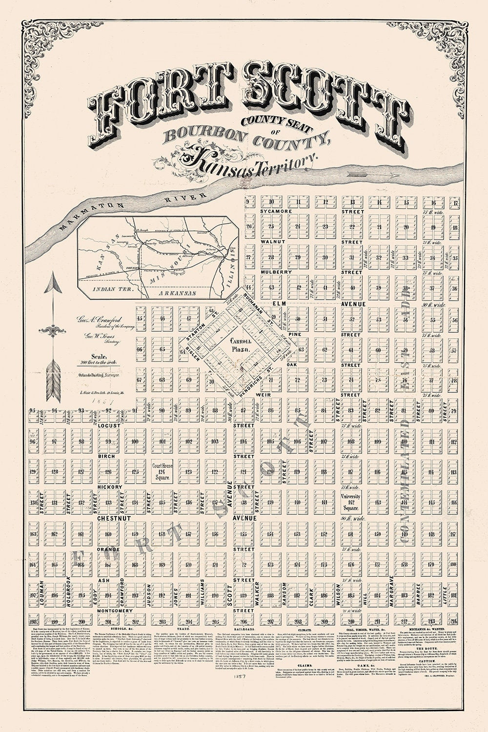 1857 Map of Fort Scott Bourbon County Kansas