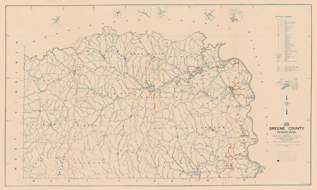 1938 Farm House Map of Greene County Pennsylvania Carmichaels Waynesburg