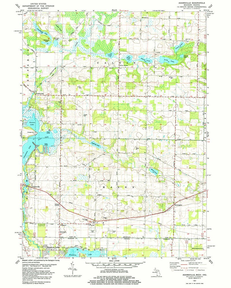 1981 Topo Map of Adamsville Michigan Quad Christiana Lake Chain Lake