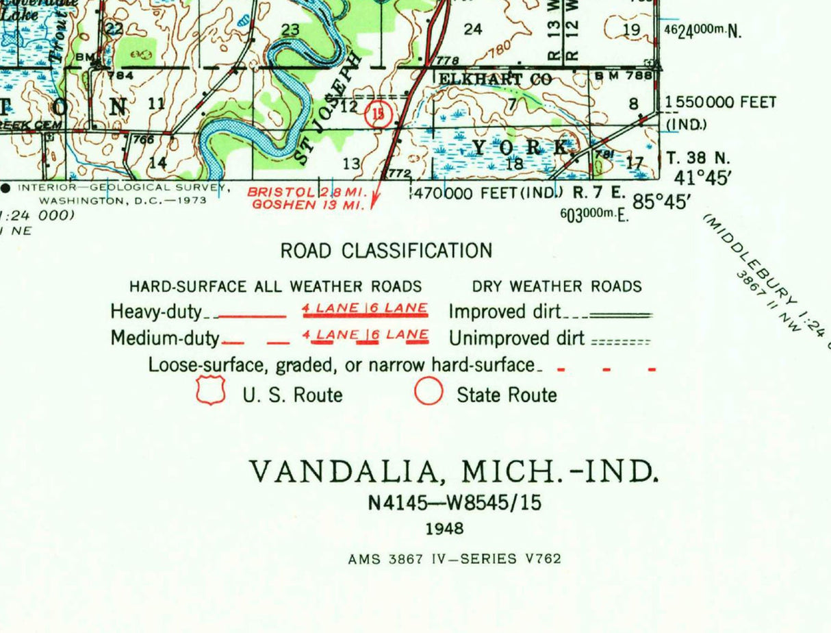 1948 Topo Map of Vandalia Michigan Quad Chain Lake