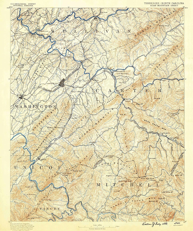 1891 Topo Map of Roan Mountain Tennessee Johnson City