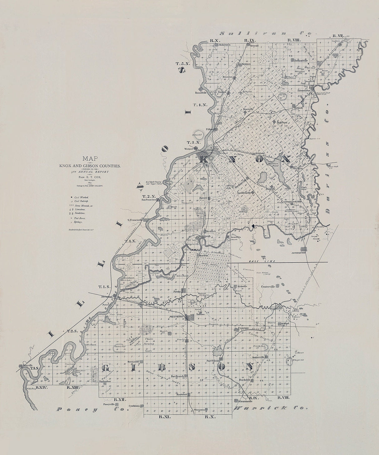 1873 Map of Knox and Gibson County Indiana