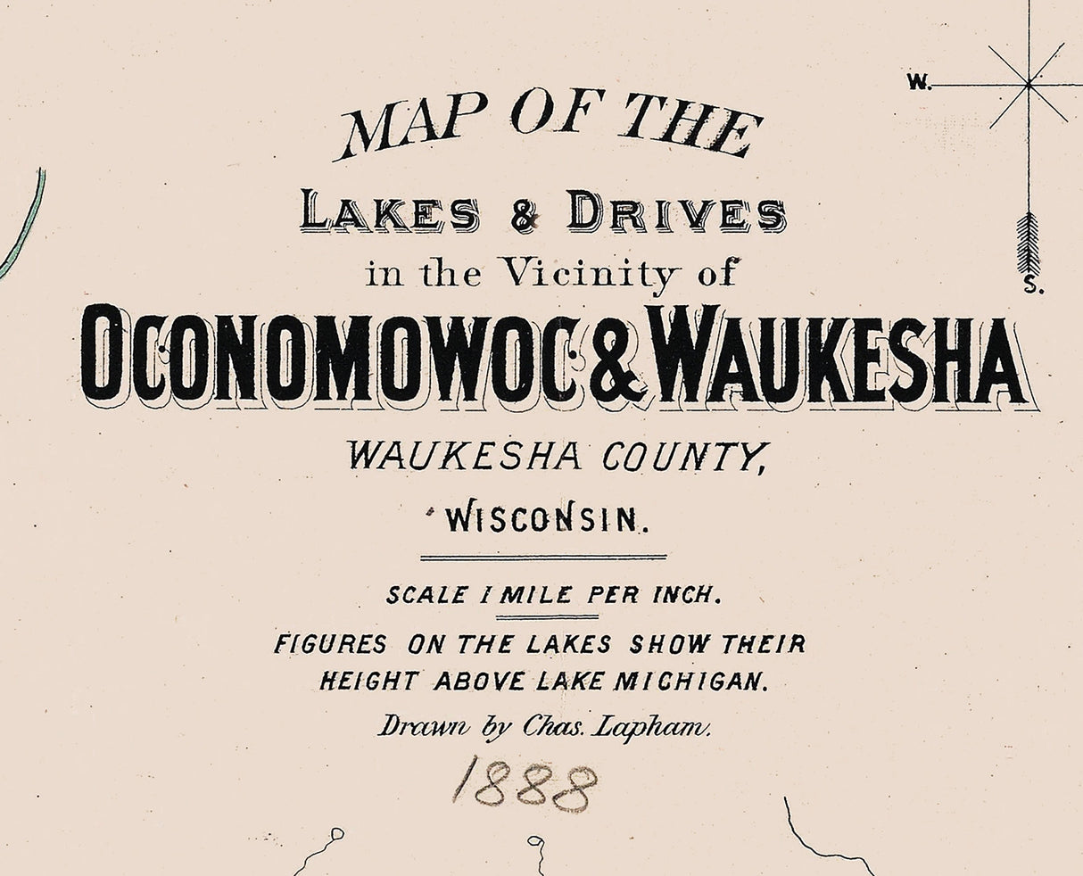 1888 Map of The Lakes of Oconomowoc and Waukesha County Wisconsin