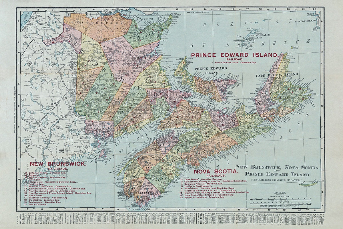 1909 Map of New Brunswick Nova Scotia and Prince Edward Island Canada Maritimes