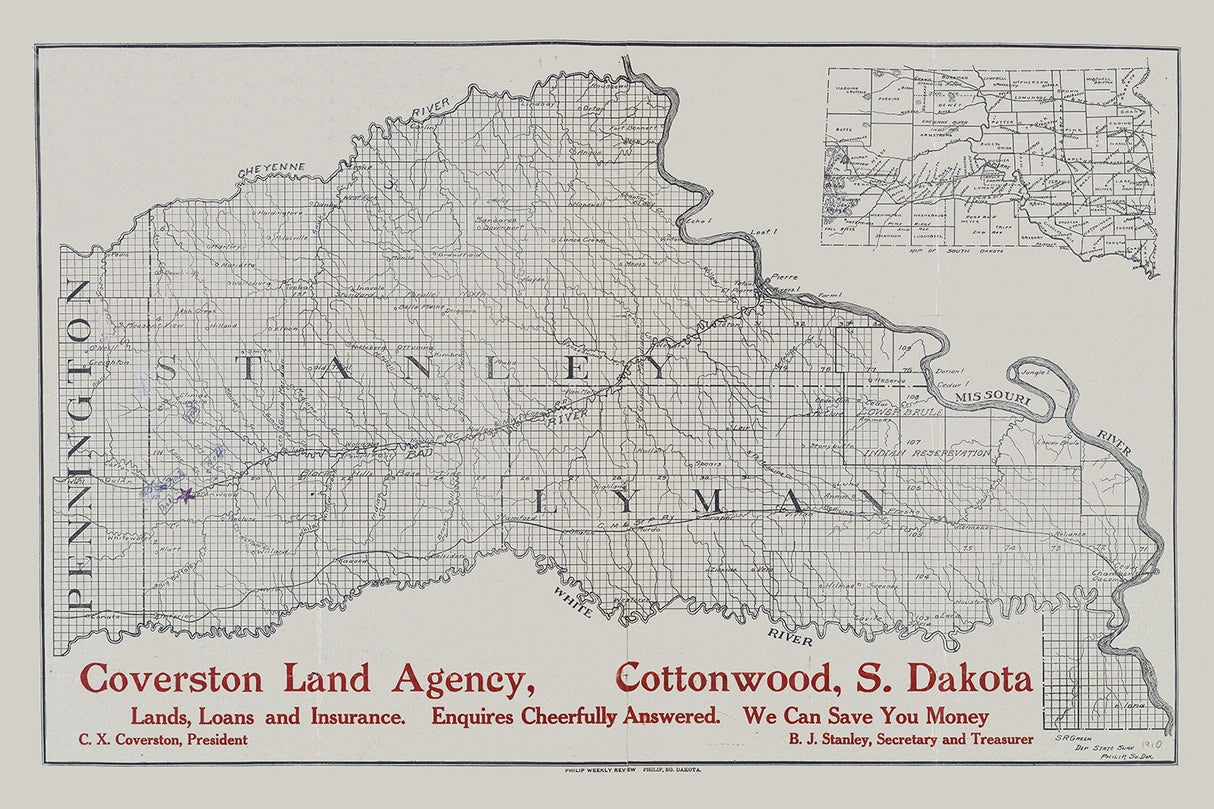 1910 Map of Stanley and Lyman County South Dakota