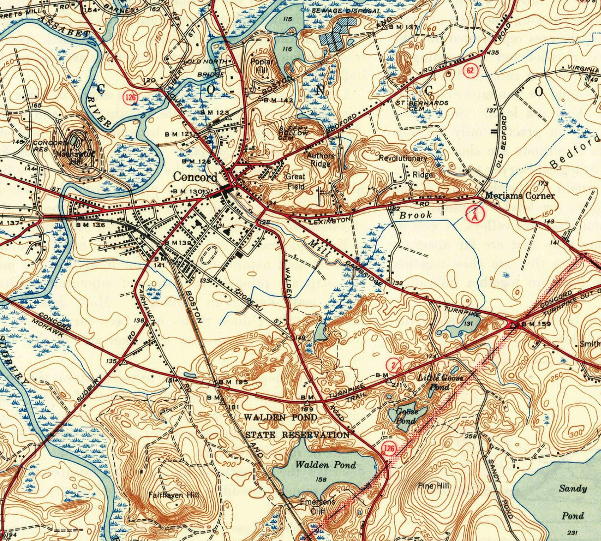 1943 Topo Map of Concord Massachusetts Quad Waldon Pond Sandy Pond