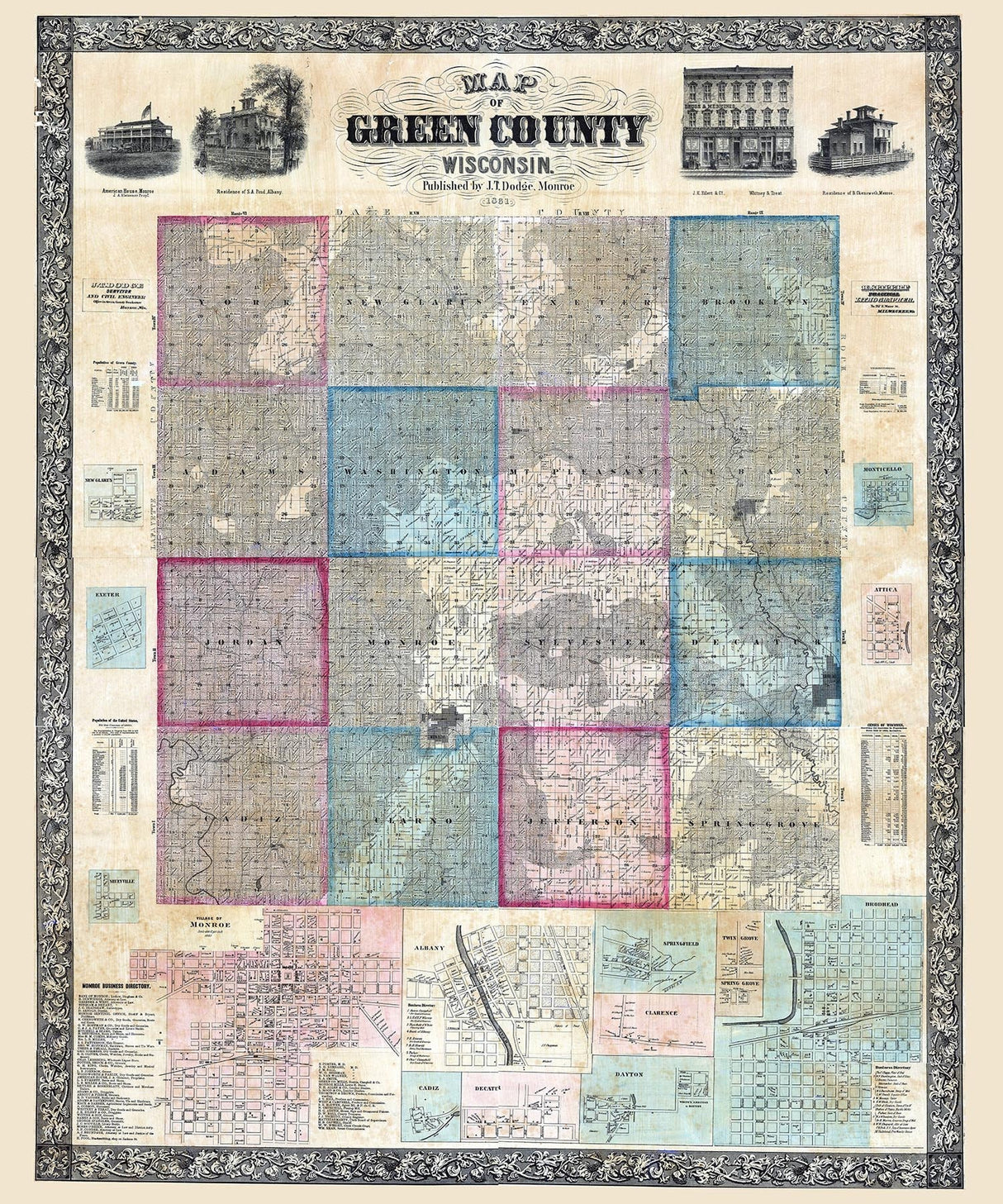 1861 Farm Line Map of Green County Wisconsin