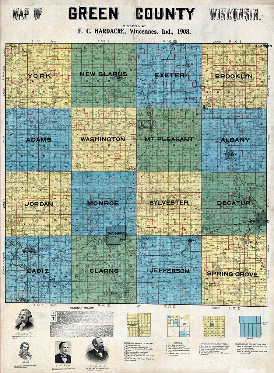 1908 Farm Line Map of Green County Wisconsin