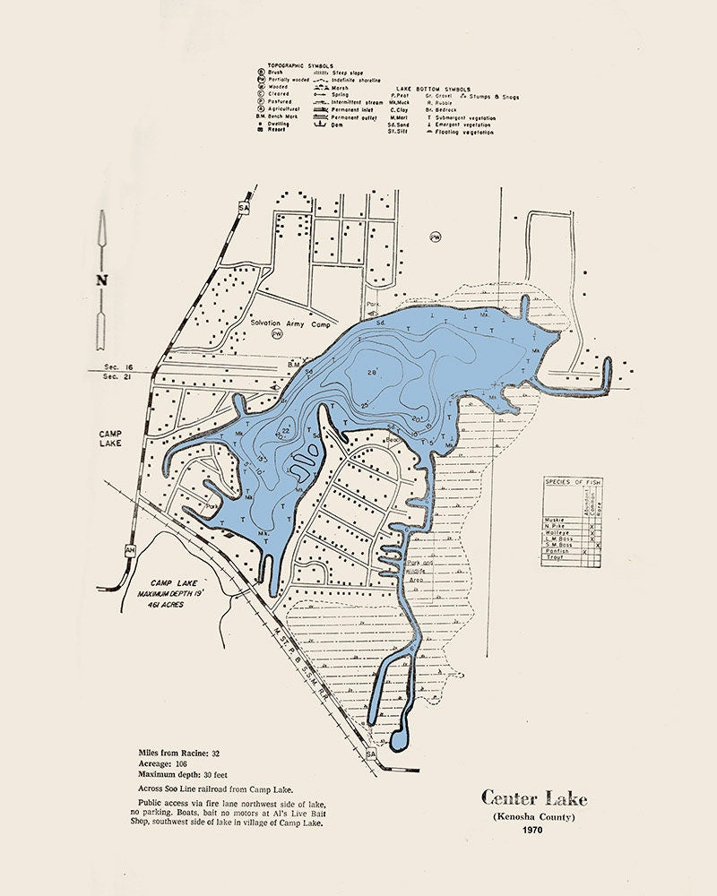 1970 Map of Center Lake Kenosha County Wisconsin