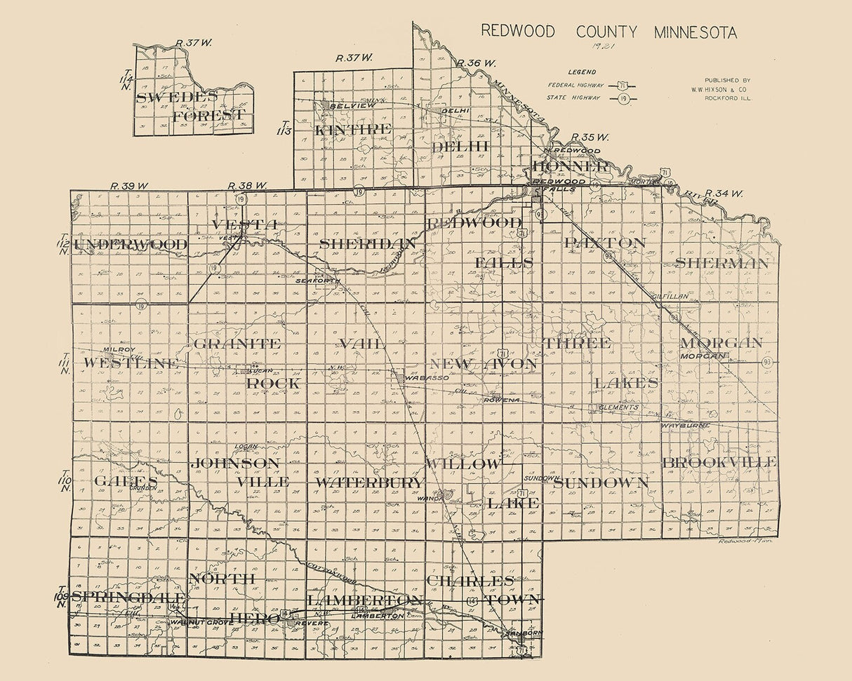 1921 Map of Redwood County Minnesota