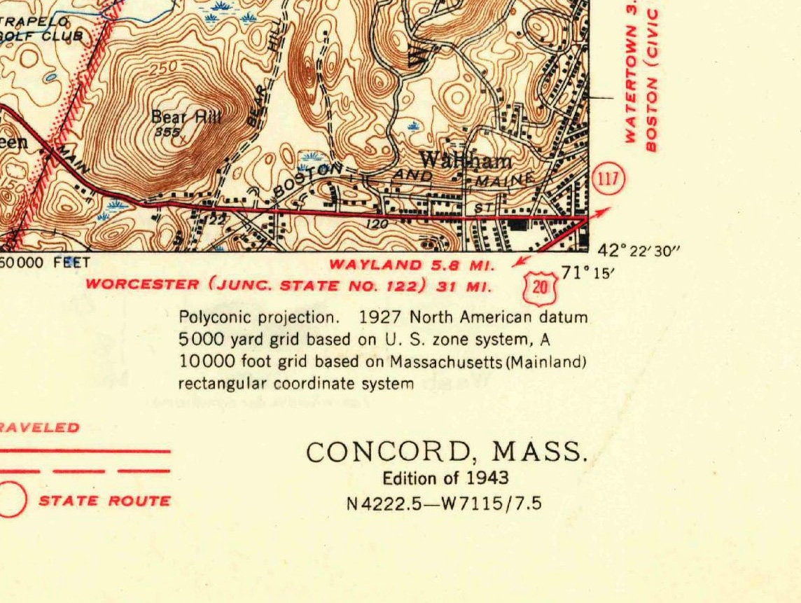 1943 Topo Map of Concord Massachusetts Quad Waldon Pond Sandy Pond