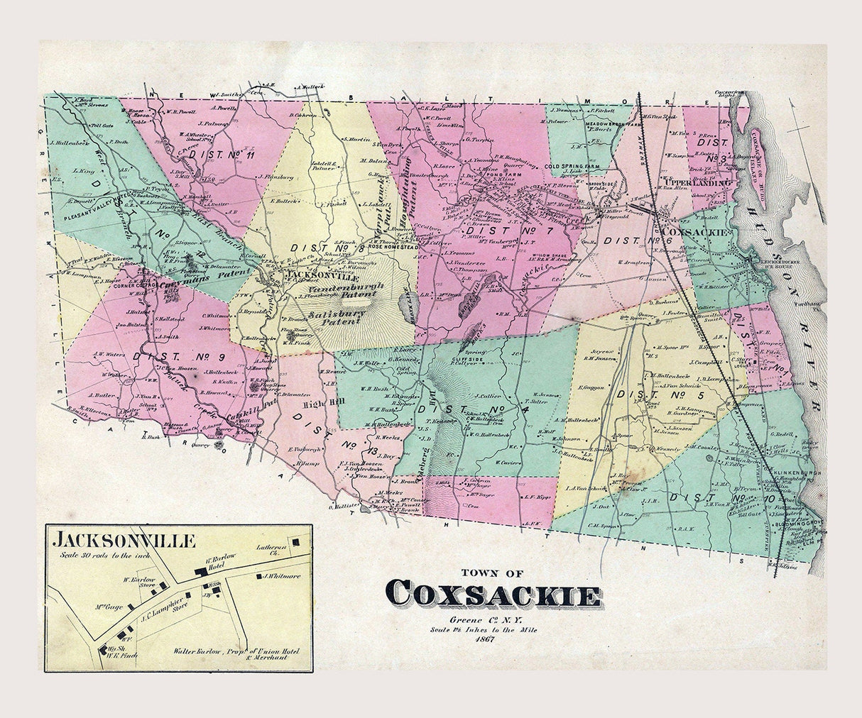 1867 Town Map of Coxsackie Greene County New York