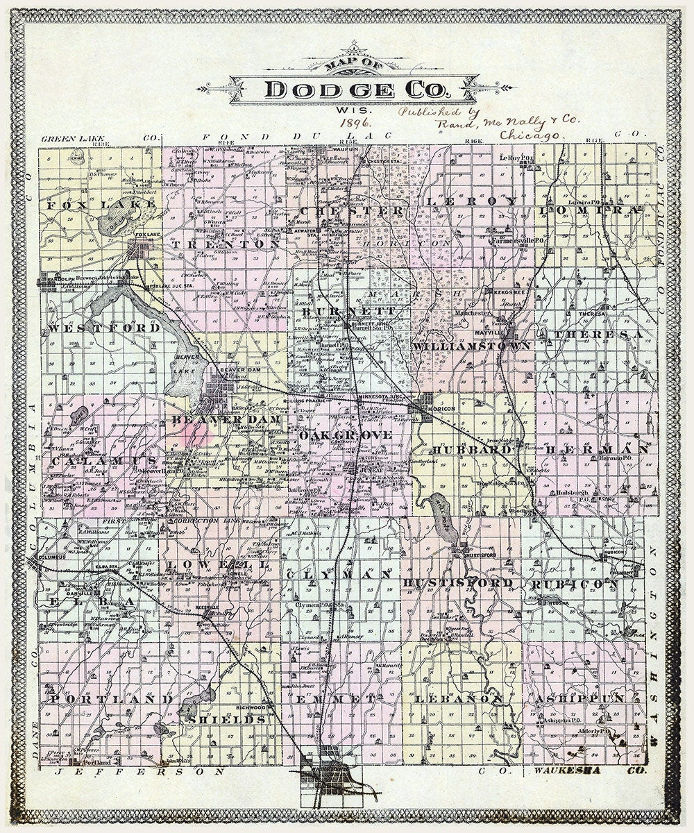 1896 Map of Dodge County Wisconsin