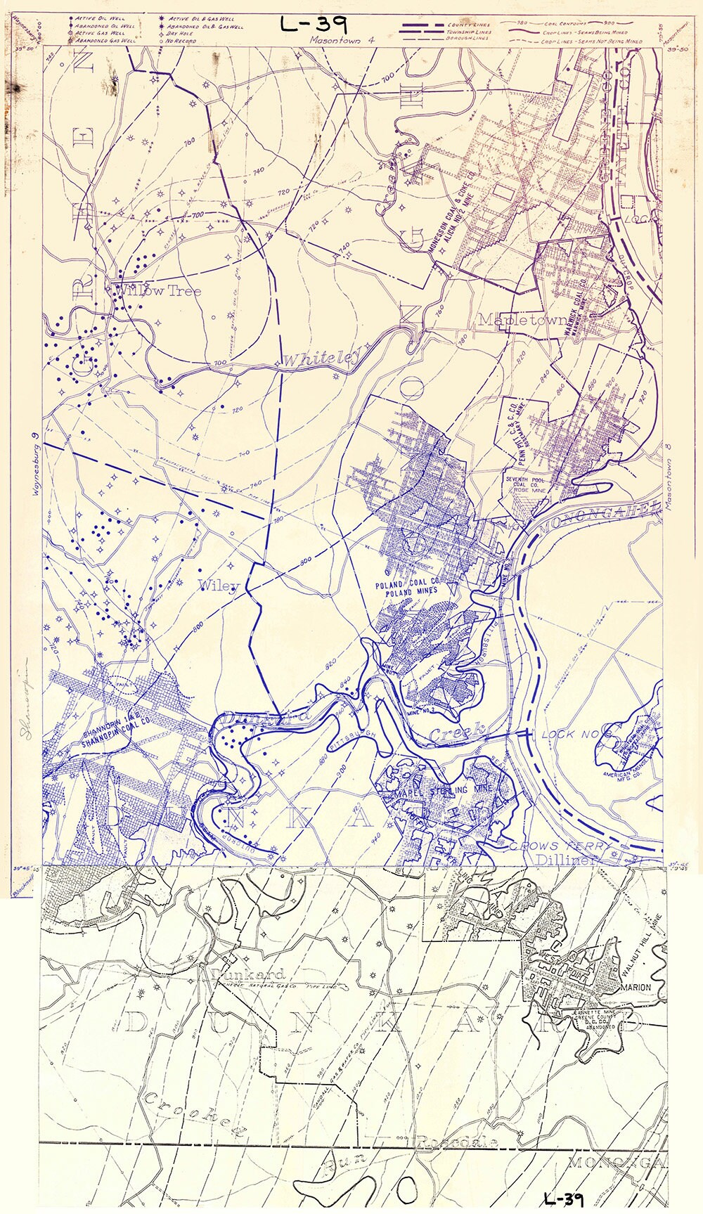 1970s Map of Oil and Gas Wells Greene County Pennsylvania South East Region Dunkard