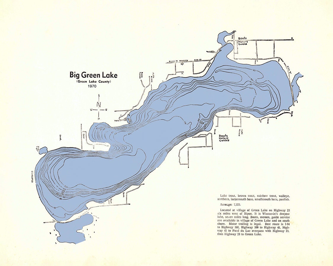 1970 Map of Big Green Lake Green Lake County Wisconsin