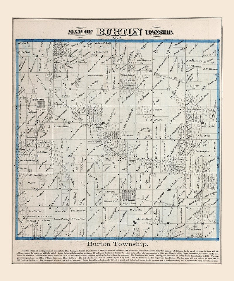 1872 Map of Burton Township Adams County Illinois