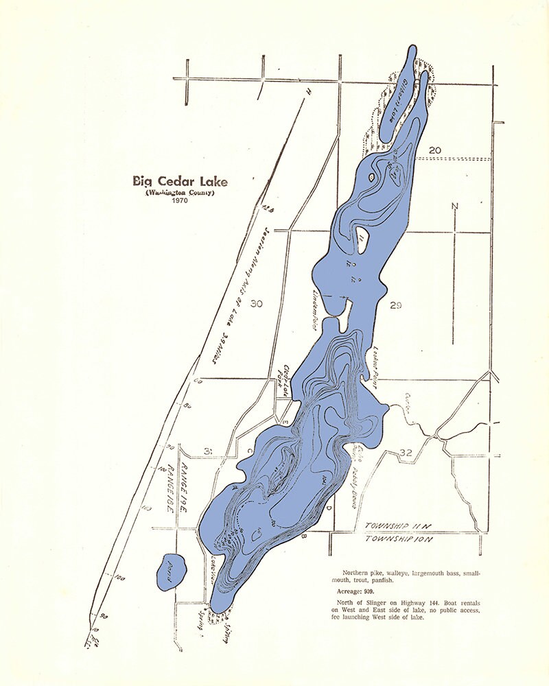 1970 Map of Big Cedar Lake Washington County Wisconsin