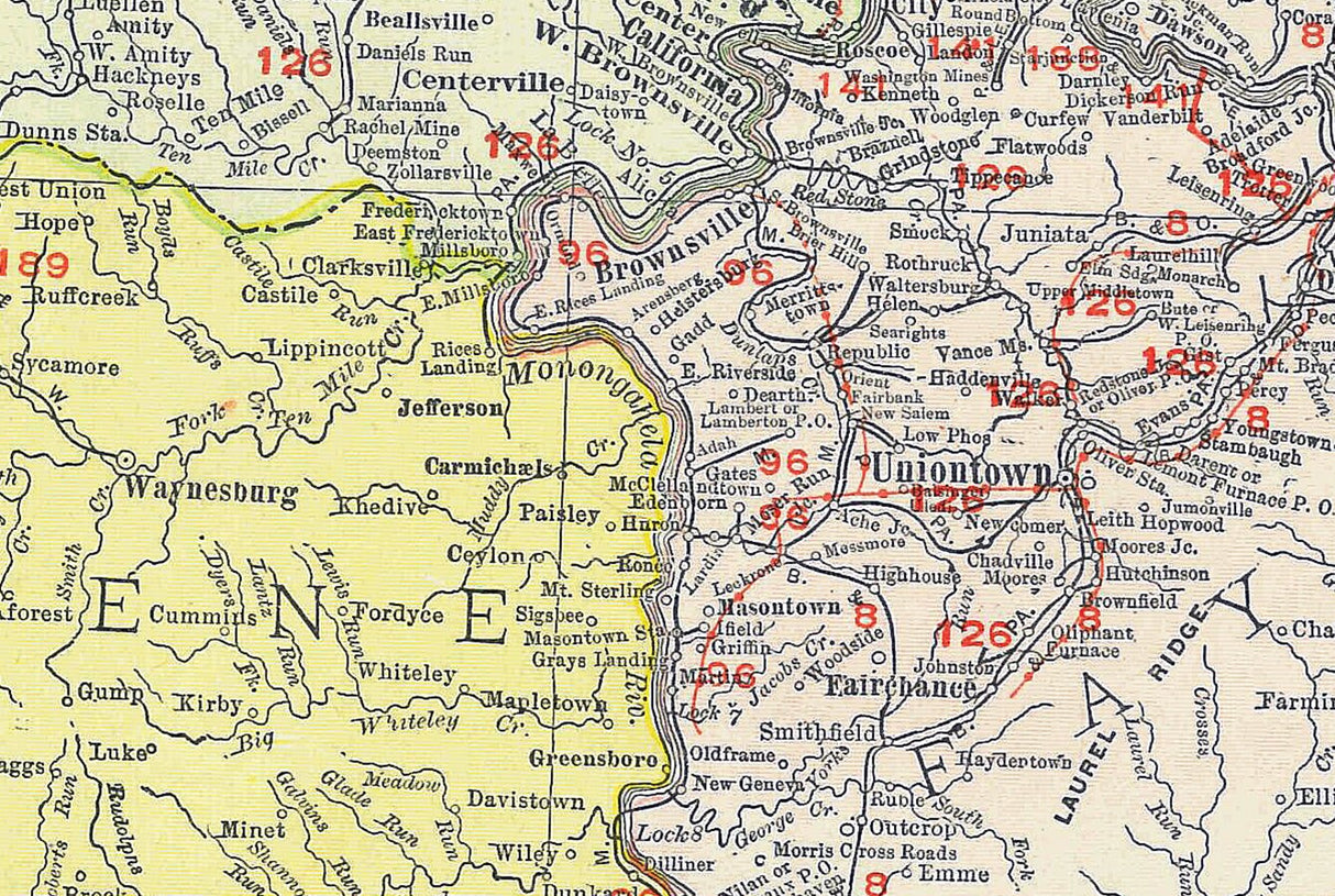 1913 Map of Western Pennsylvania and Railroads