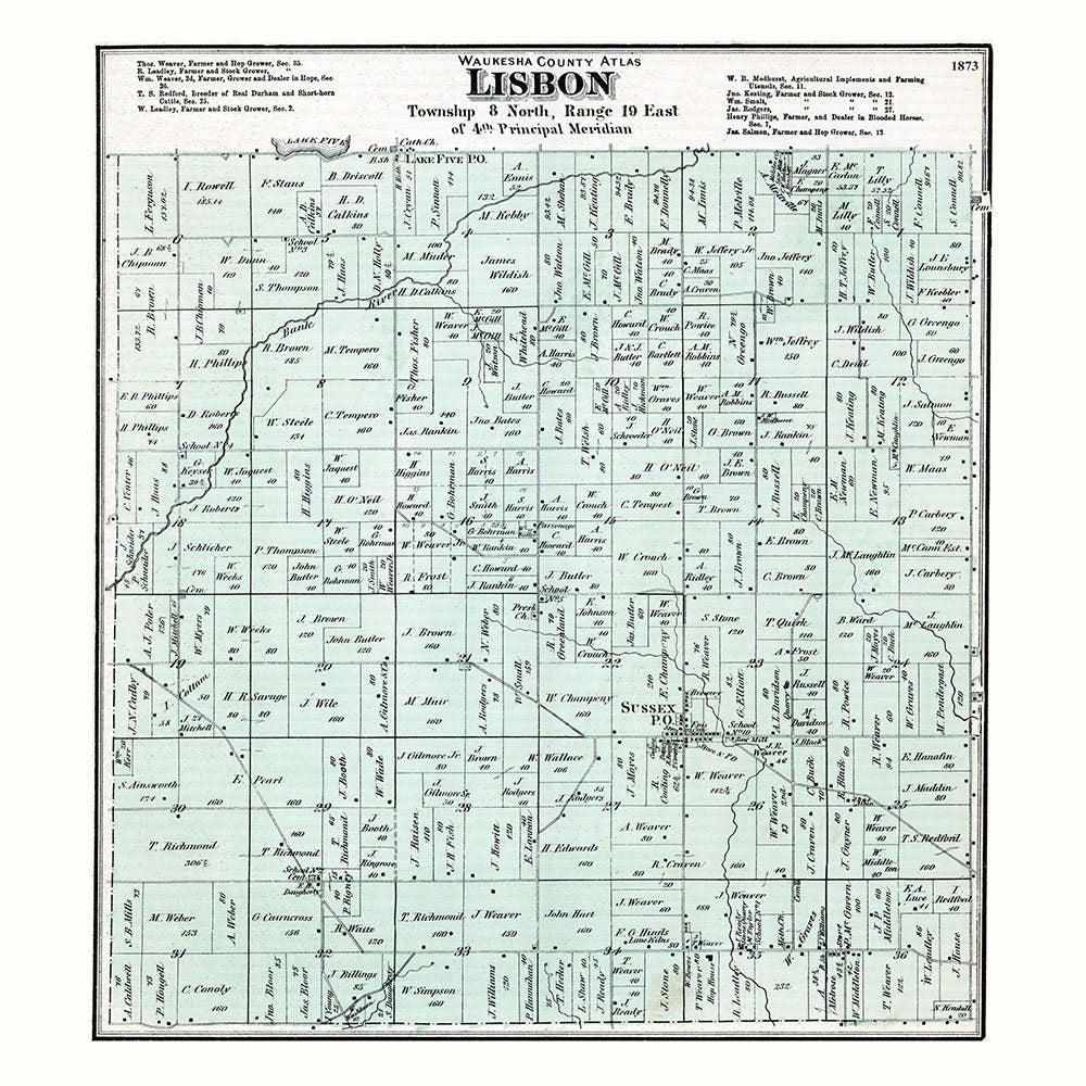 1873 Map of Lisbon Township Waukesha County Wisconsin
