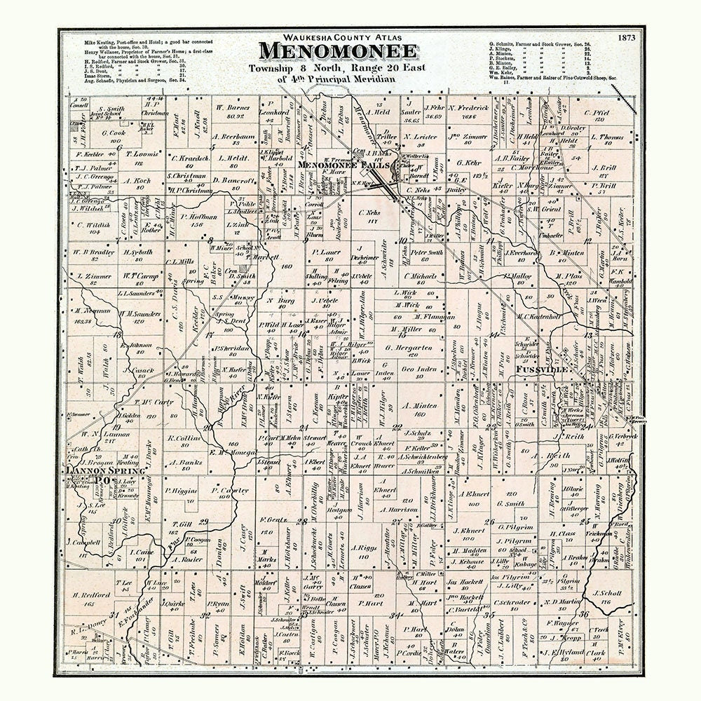 1873 Map of Menomonee Township Waukesha County Wisconsin