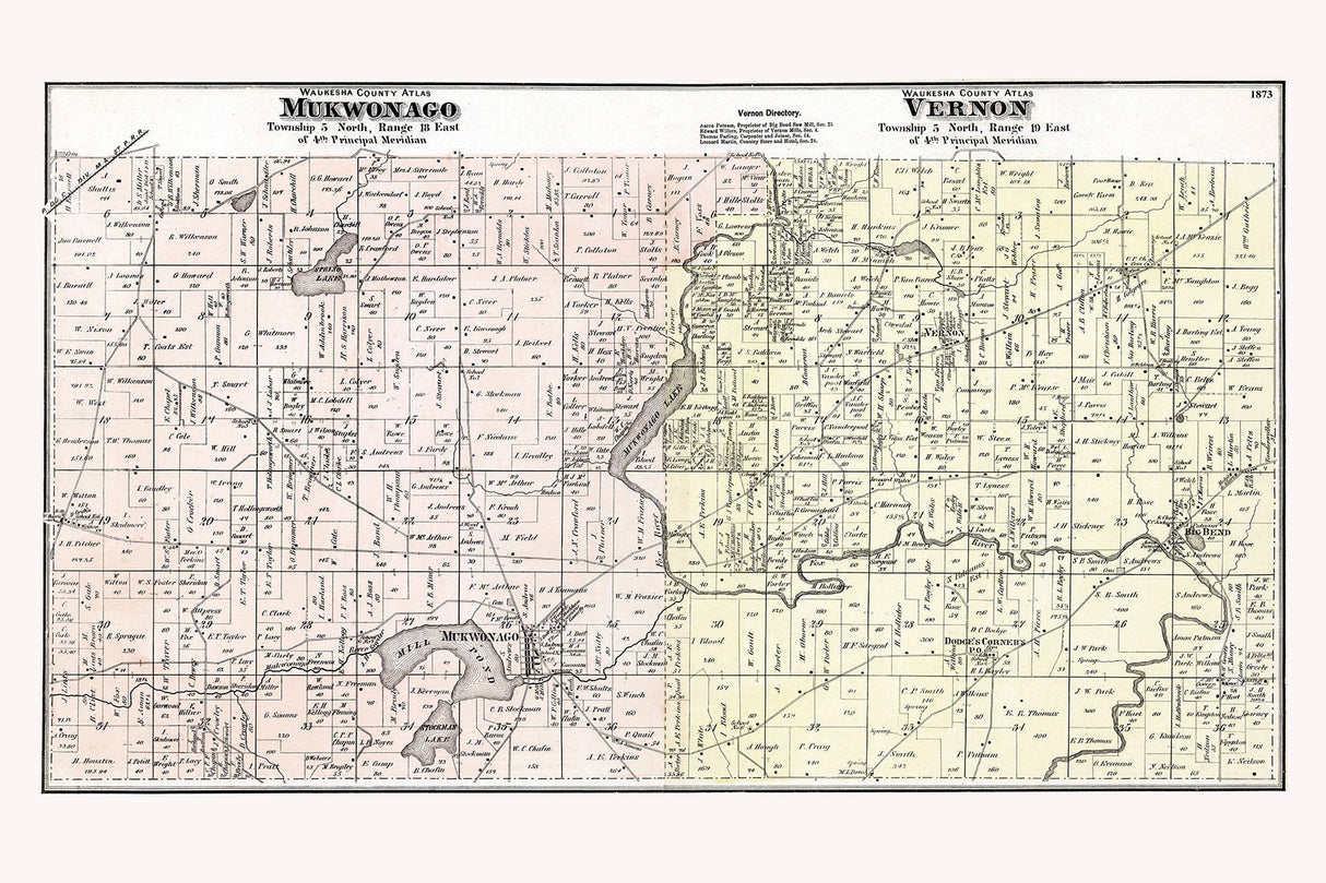 1873 Map of Mukwonago and Vernon Township Waukesha County Wisconsin