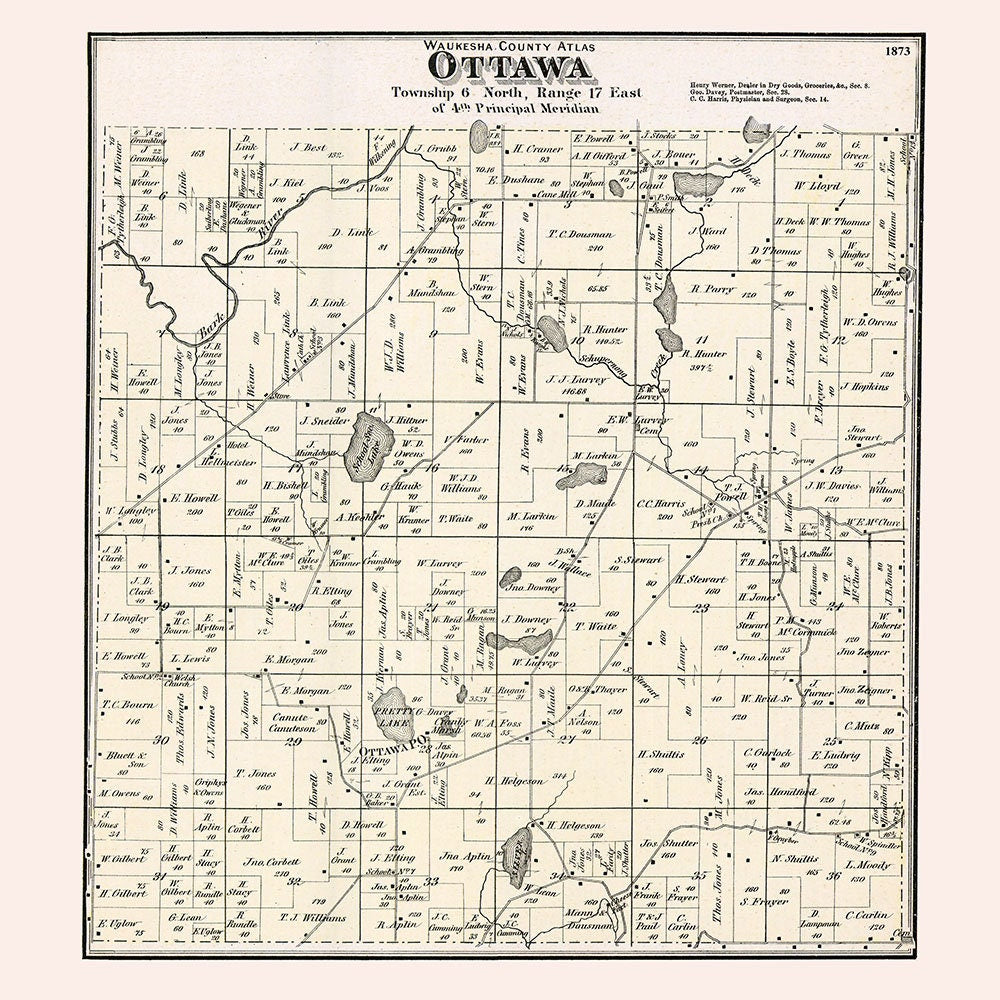 1873 Map of Ottawa Township Waukesha County Wisconsin