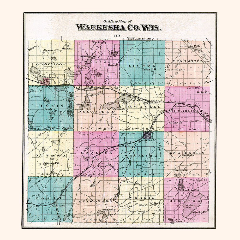 1873 Map of Waukesha County Wisconsin