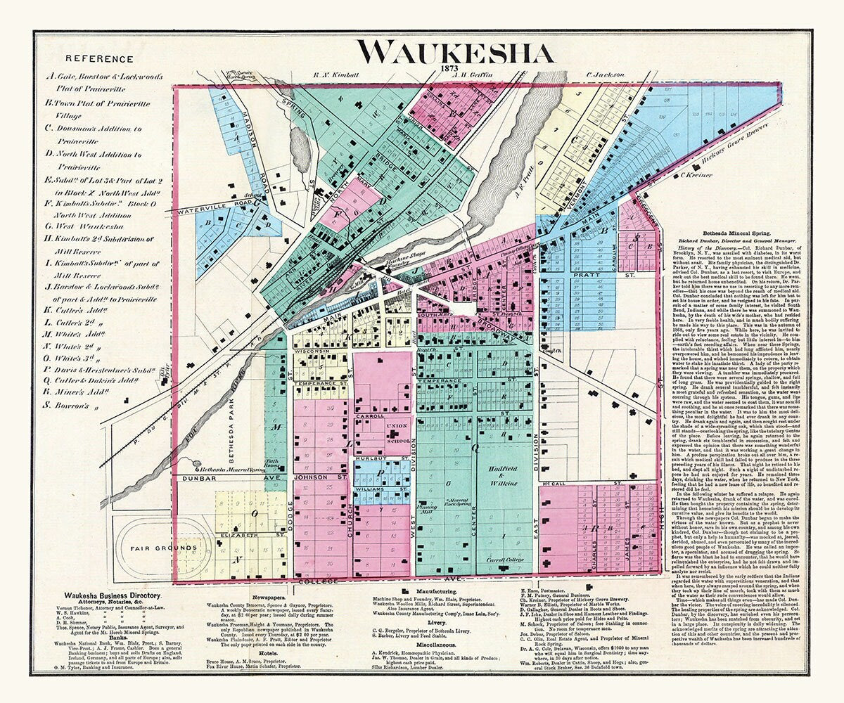 1873 Town Map of Waukesha Waukesha County Wisconsin