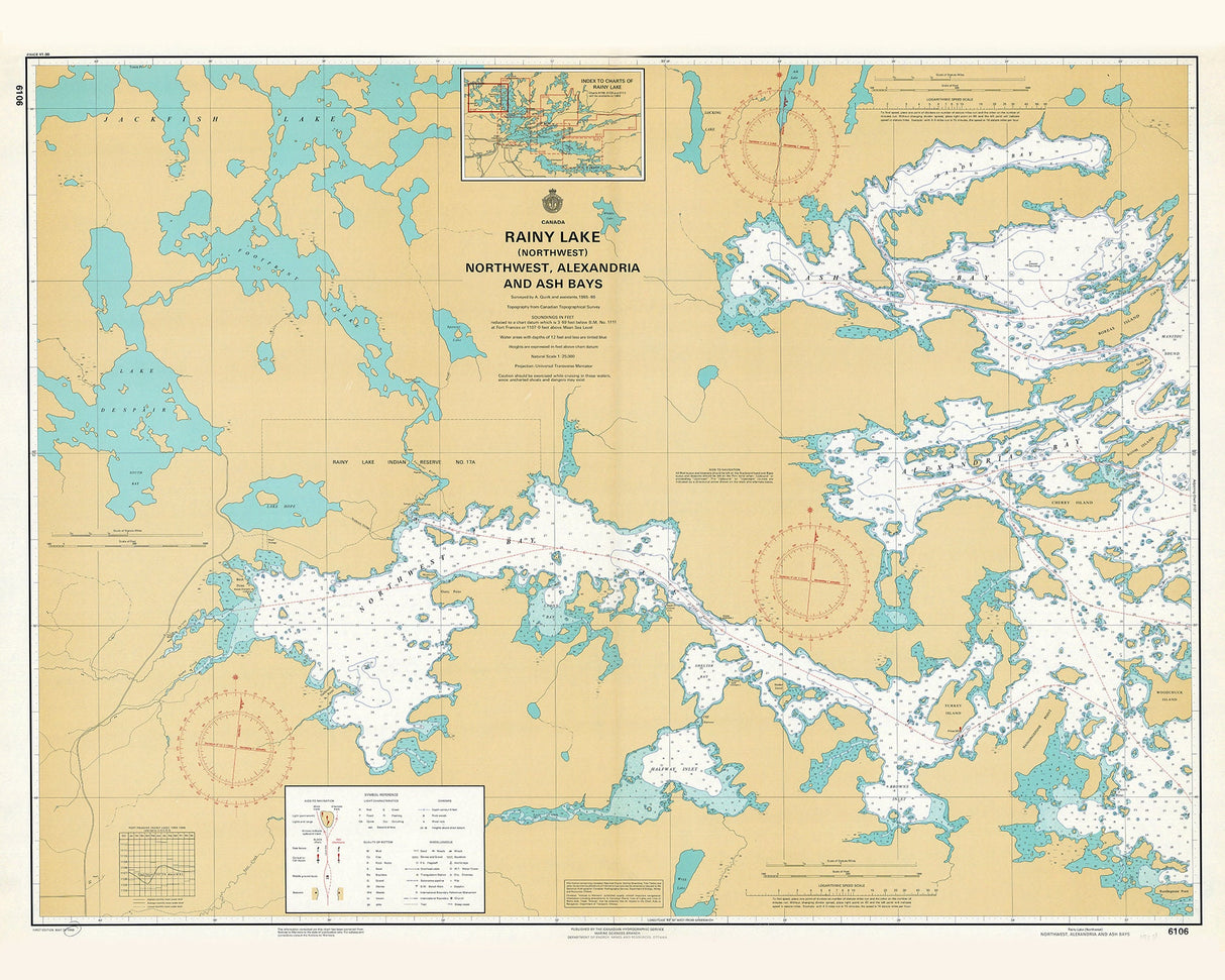 1968 Nautical Map of Rainy Lake Northwest Alexandria and Ash Bays Ontario Canada